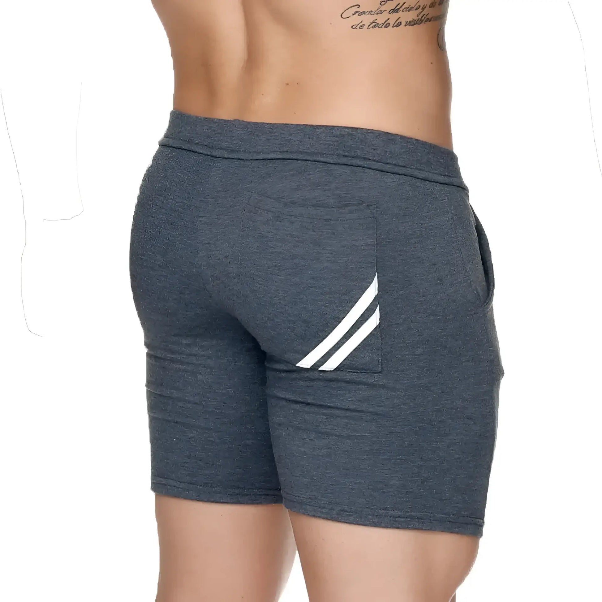 Back side of gigo forever long gray short showing dark gray heathered athletic shorts with white diagonal stripes on pocket
