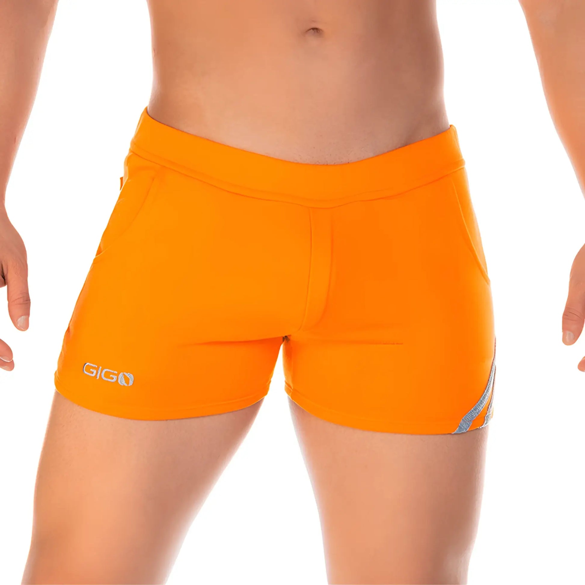 Bright orange Gigo Forever Orange Short swim trunks with sleek form-fitting design and subtle gray side accent panel