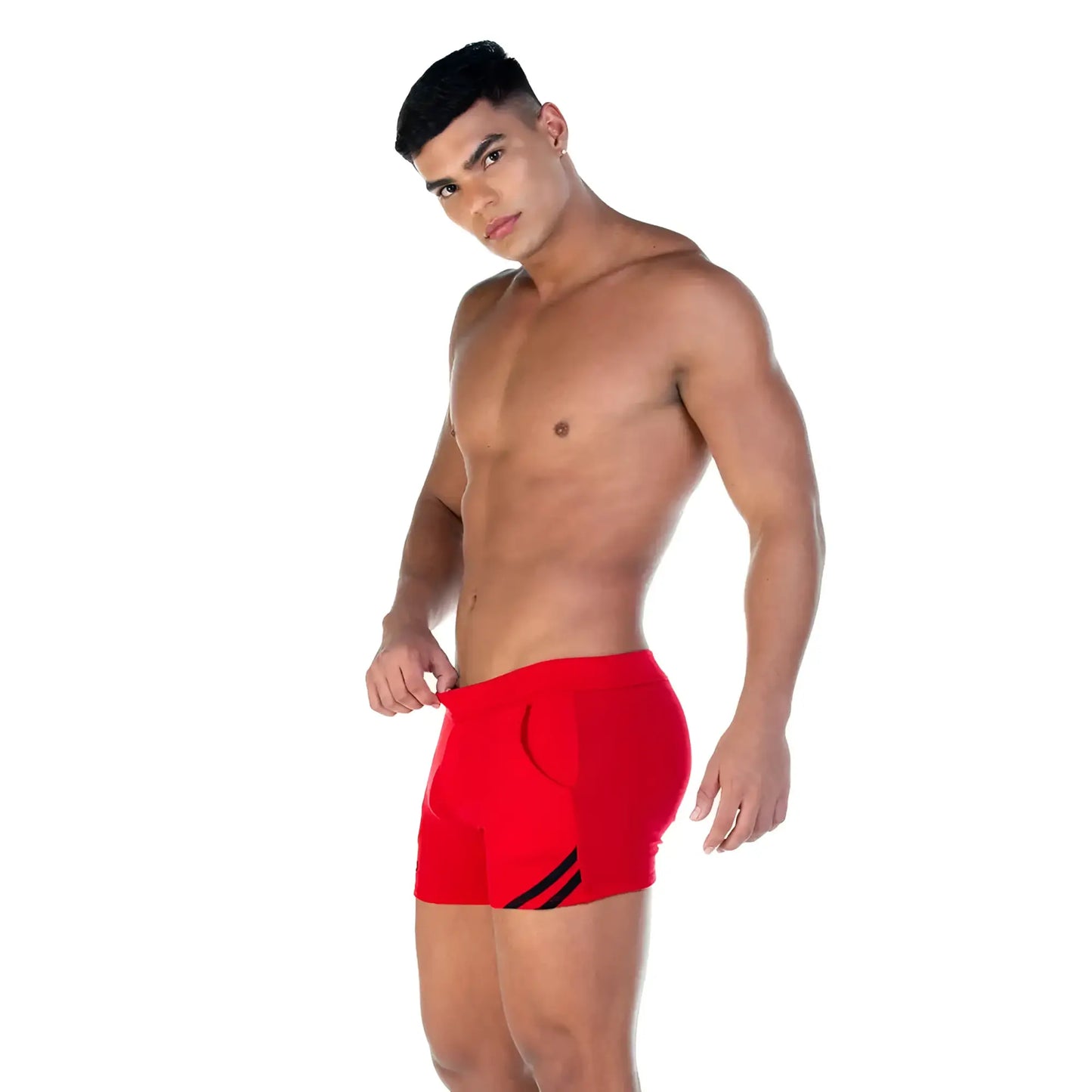 Red gigo forever athletic shorts with black diagonal stripes designed for sports and casual wear