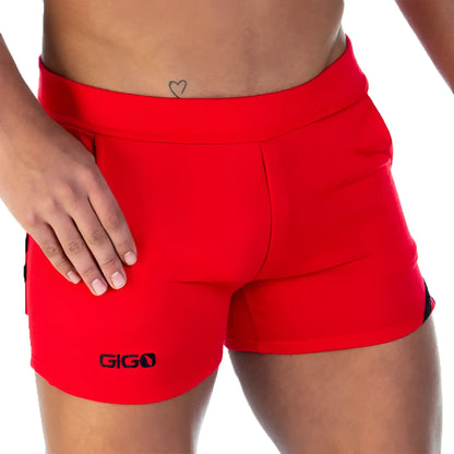 Red gigo athletic shorts with black side accents and a snug form-fitting design for active wear