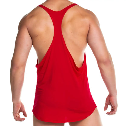 Red racerback tank top gigo forever red tank made of smooth stretchy fabric shown from the back side