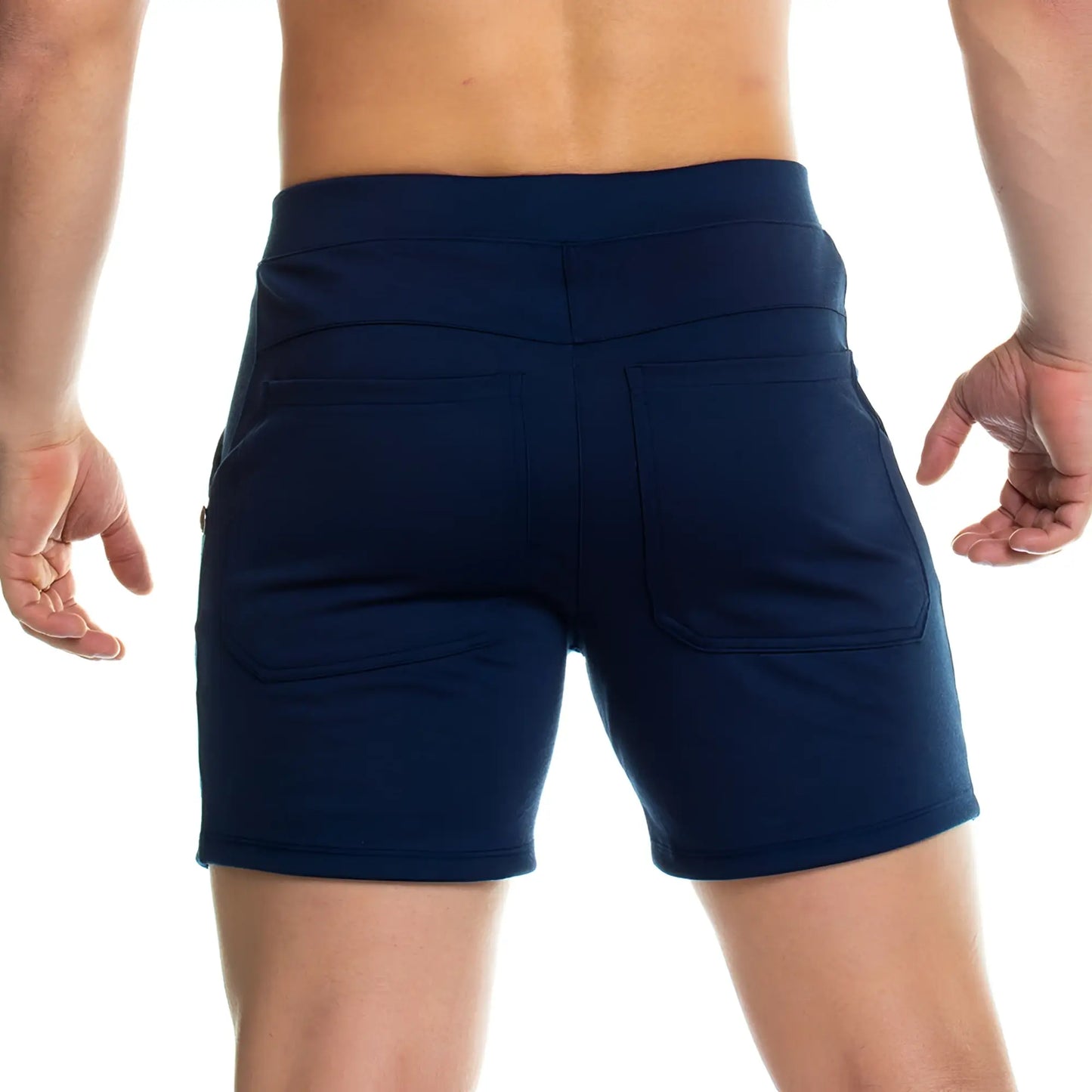 Back side of navy blue gigo formal blue short with two back pockets and fitted waistband designed for athletic use
