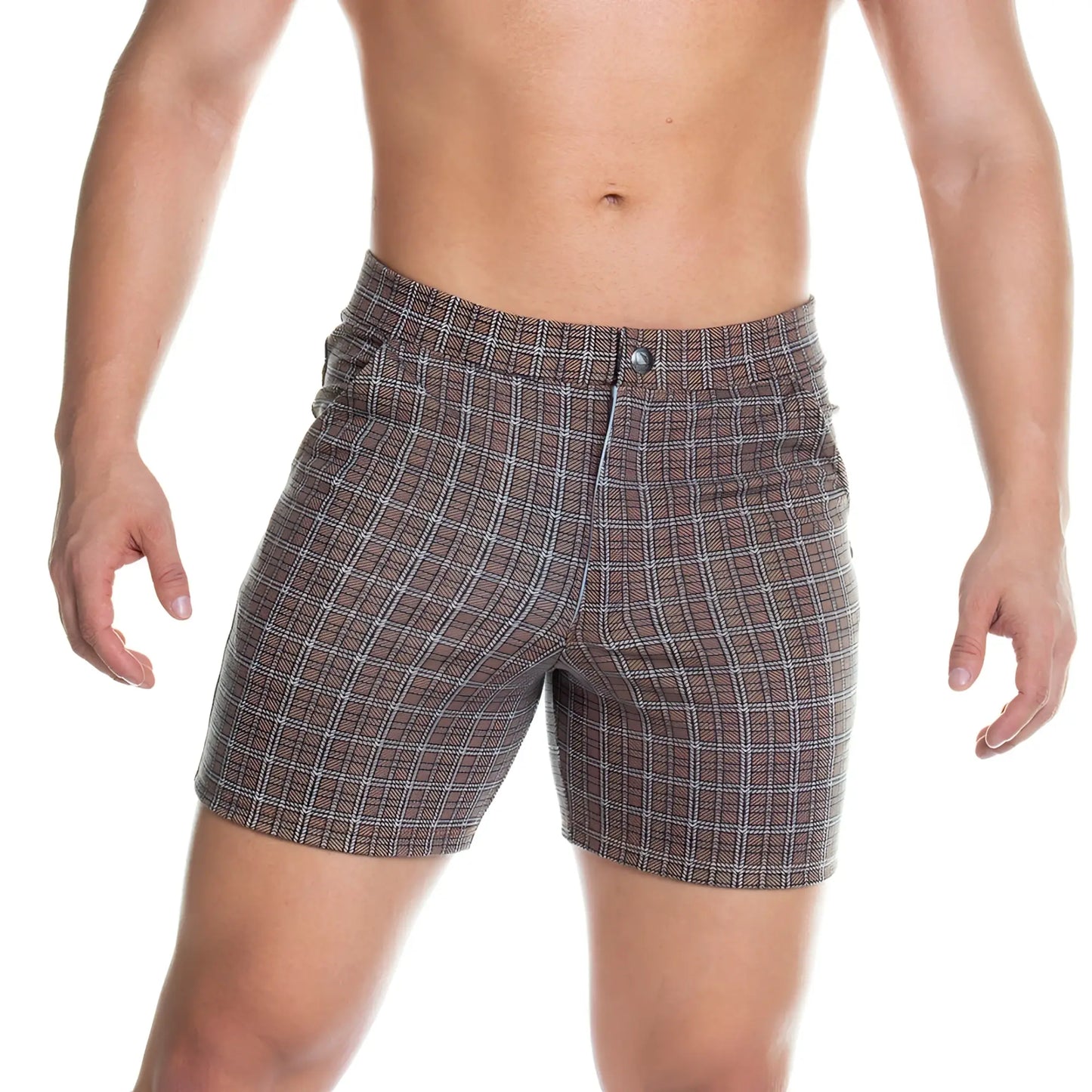 Gigo formal brown square short menâ€™s plaid shorts with button closure in brown and white for casual wear