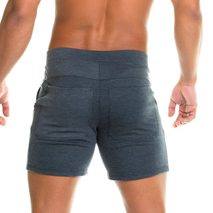 Dark heather gray gigo formal gray short with high-waisted fit and two back pockets shown from the back side
