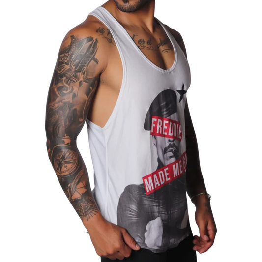 White racerback tank top featuring a graphic of Freddie Mercury with red text bars and a black star.