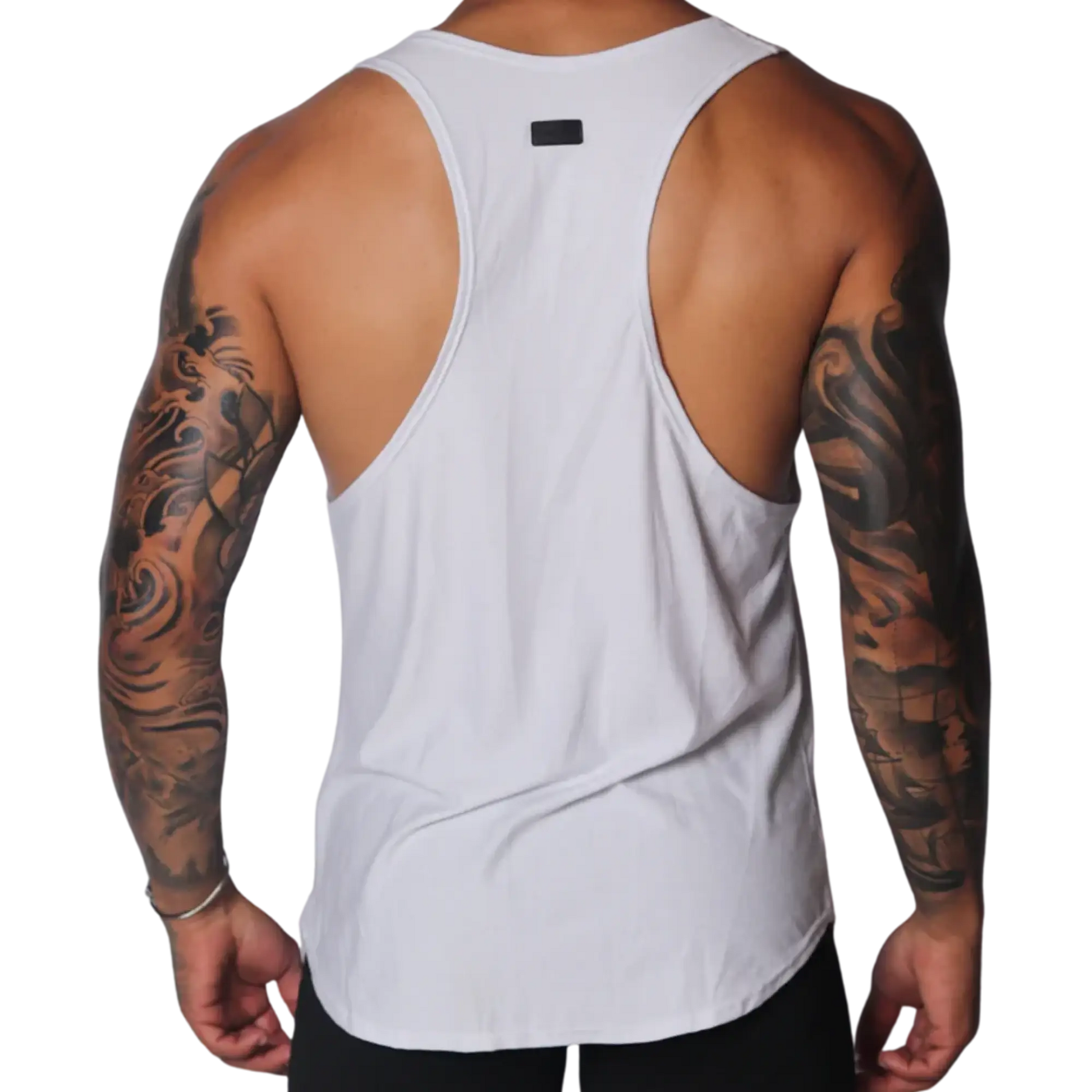 White racerback tank top with deep-cut sides, a curved hem, and a small black logo patch at the upper back.