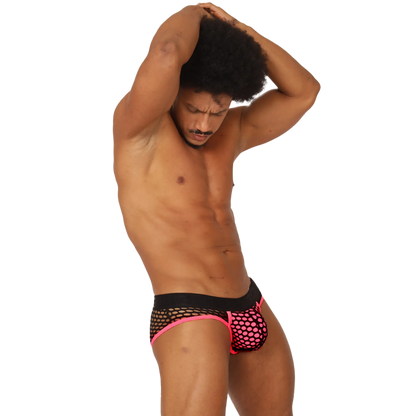 Gigo fresh fuchsia brief pink and black mesh briefs with bold polka dot pattern front view