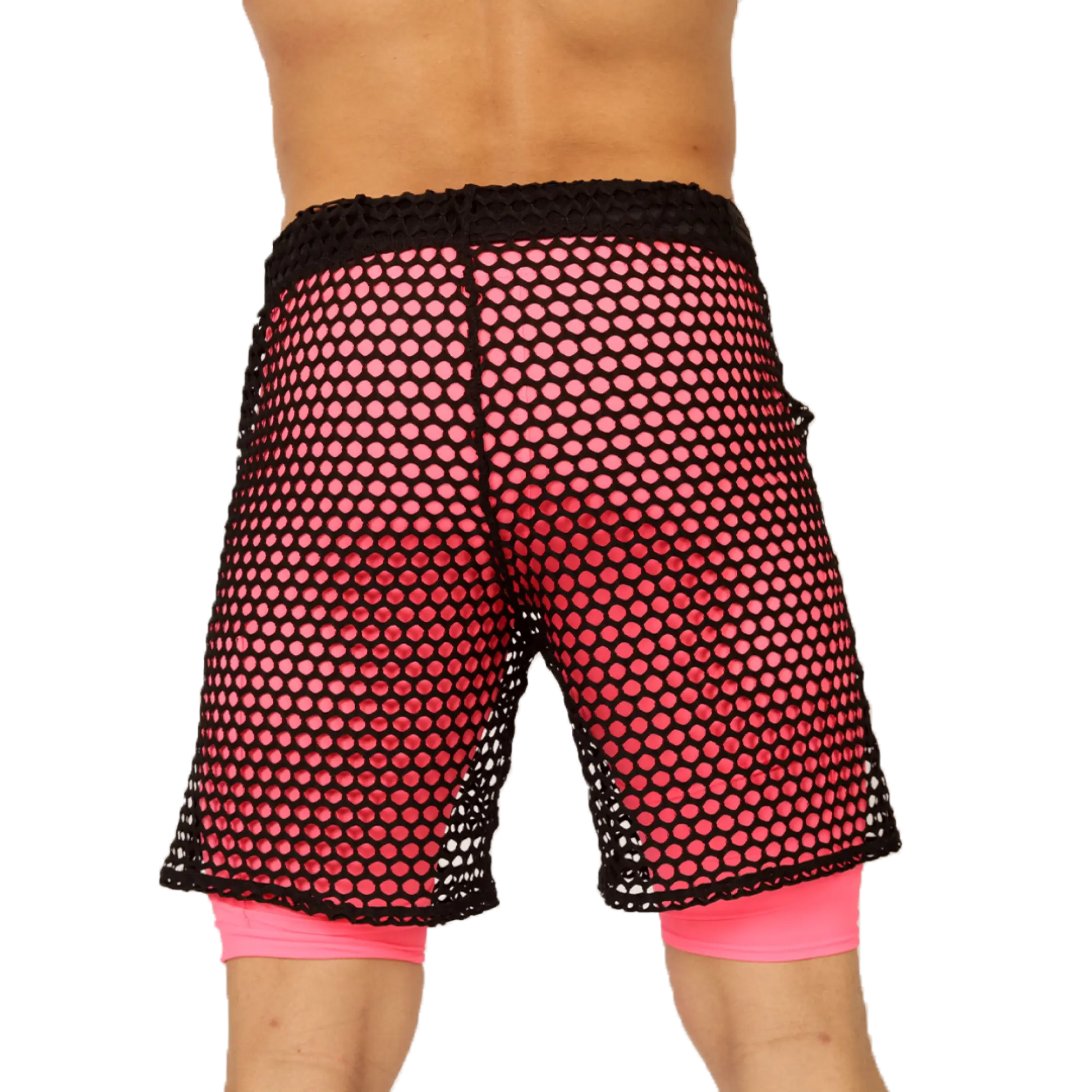 Black mesh Gigo Fresh Fuchsia shorts with vibrant pink gradient and bright pink inner lining for activewear use
