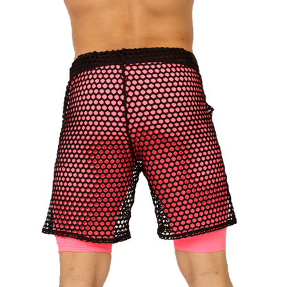 Black mesh Gigo Fresh Fuchsia shorts with vibrant pink gradient and bright pink inner lining for activewear use