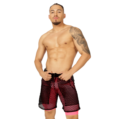 Black and pink mesh gigo fresh fuchsia short with sheer breathable design for comfortable active wear