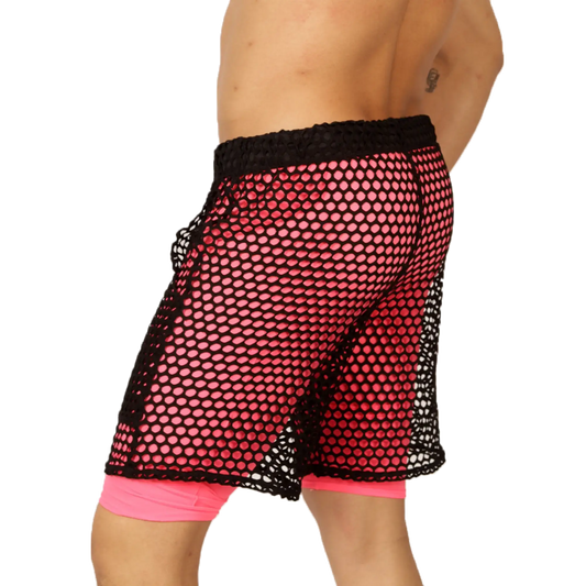 Pink and black mesh shorts with solid pink inner lining from gigo fresh fuchsia short collection