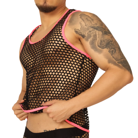 Black mesh tank top with vibrant pink trim by gigo fresh fuchsia tank for breathable stylish wear