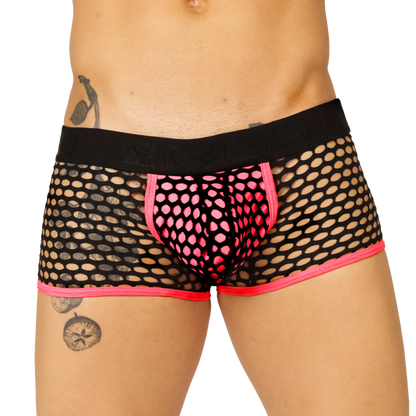 Gigo Fresh Fuchsia Trunk black mesh boxer briefs with vibrant pink trim and matching pink inner panel