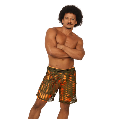 Gigo fresh orange short featuring orange and green mesh fabric with a solid orange waistband for breathable comfort
