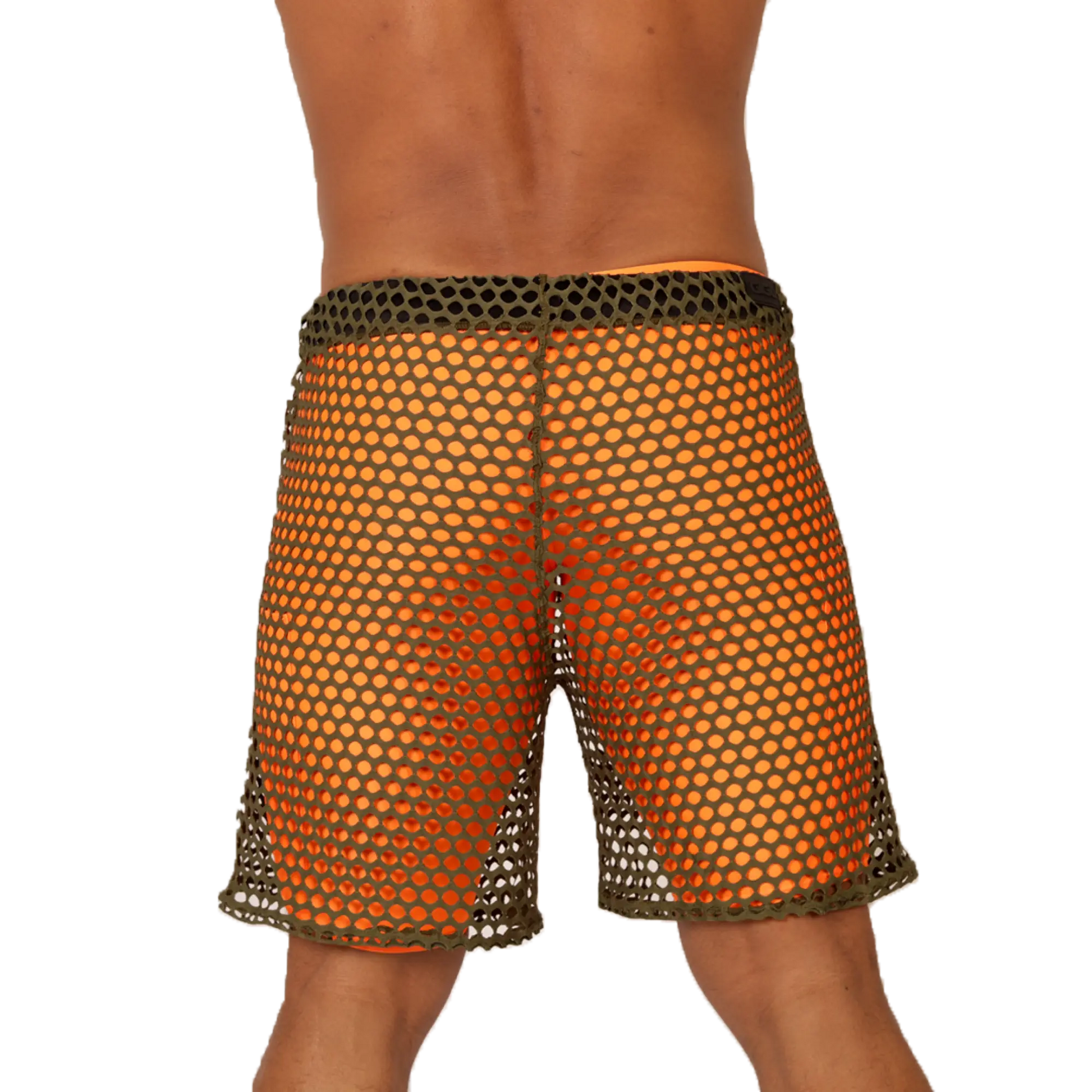 Gigo fresh orange short featuring orange mesh shorts with a dark green elastic waistband and matching trim