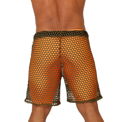 Gigo fresh orange short featuring orange mesh shorts with a dark green elastic waistband and matching trim