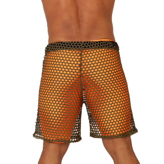 Gigo fresh orange short featuring orange mesh shorts with a dark green elastic waistband and matching trim