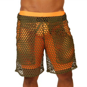 Olive green mesh shorts with bright orange waistband and matching inner lining from gigo fresh orange short collection