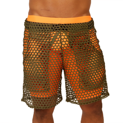 Olive green mesh shorts with bright orange waistband and matching inner lining from gigo fresh orange short collection