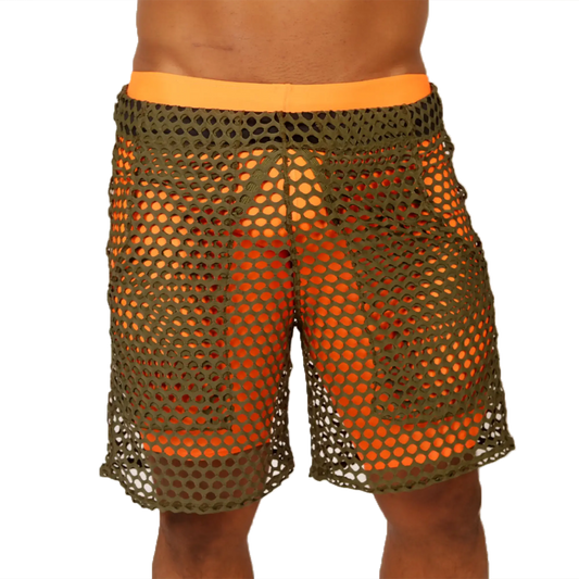 Olive green mesh shorts with bright orange waistband and matching inner lining from gigo fresh orange short collection