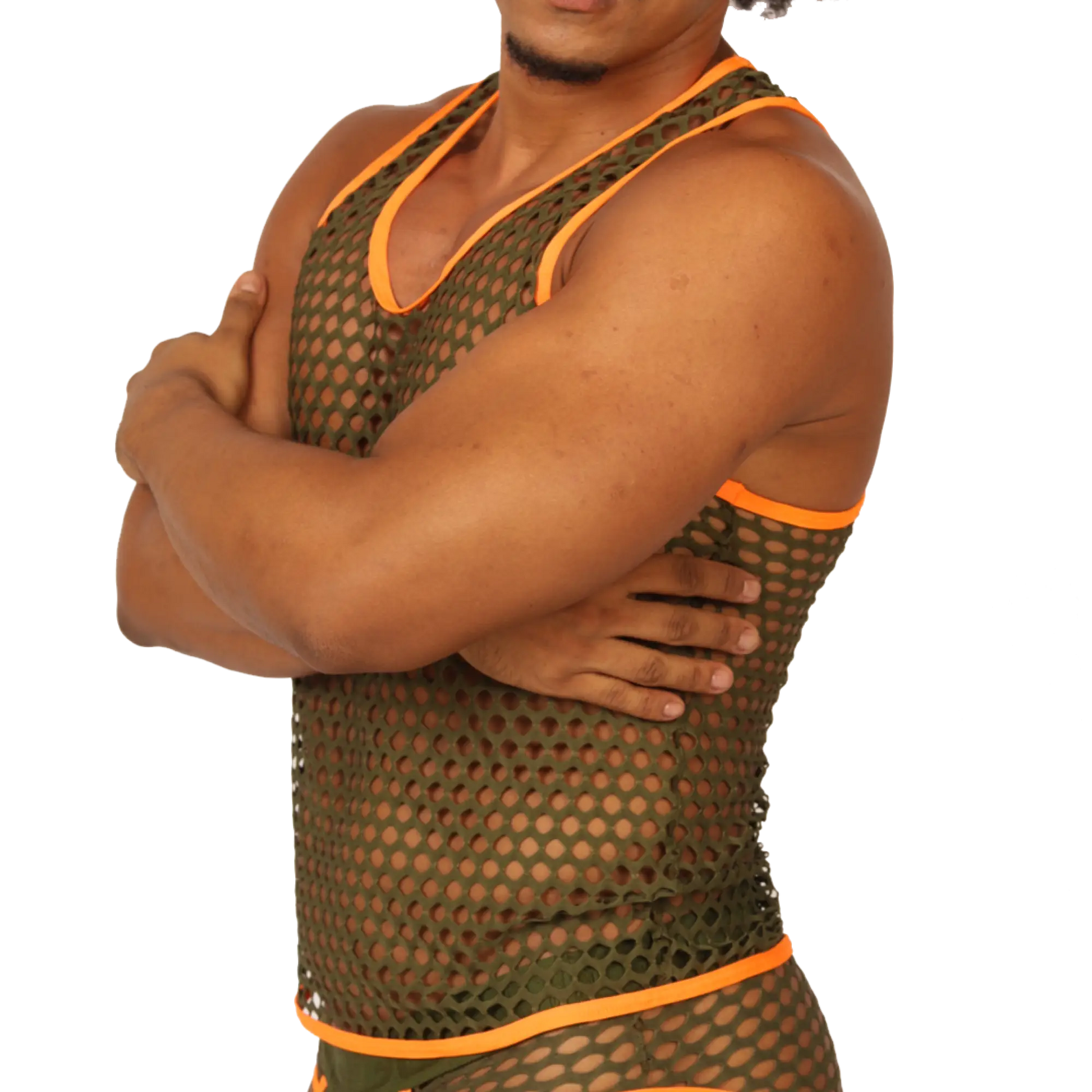 Gigo Fresh Orange Tank olive green mesh tank top with bright orange trim for breathable active wear