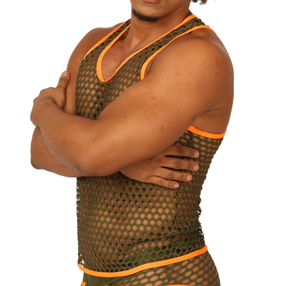 Gigo Fresh Orange Tank olive green mesh tank top with bright orange trim for breathable active wear