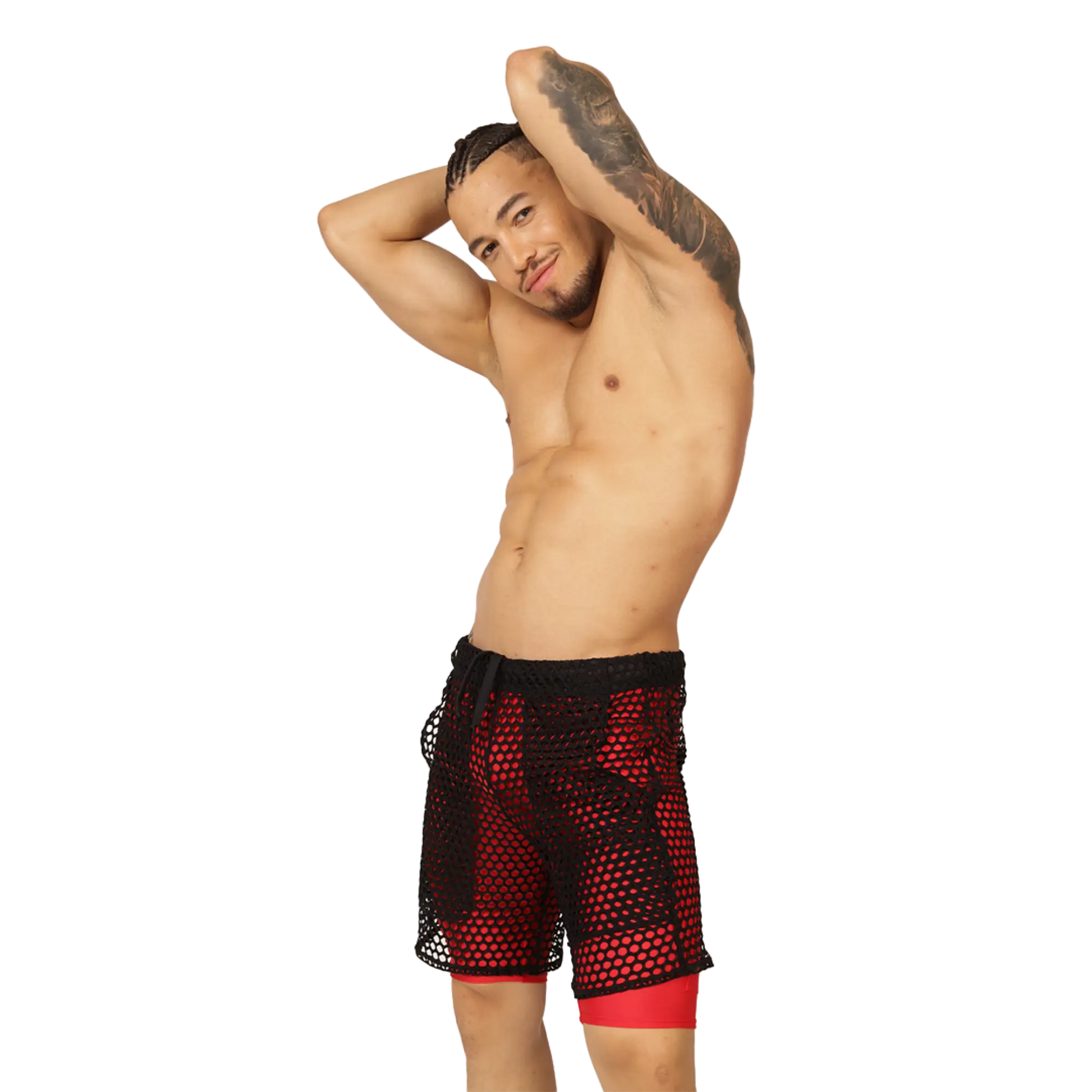 Gigo fresh red short featuring red and black mesh shorts with sheer perforated design over red inner leggings