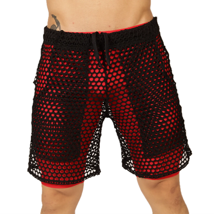 Black and red mesh shorts with drawstring waistband from gigo fresh red short collection