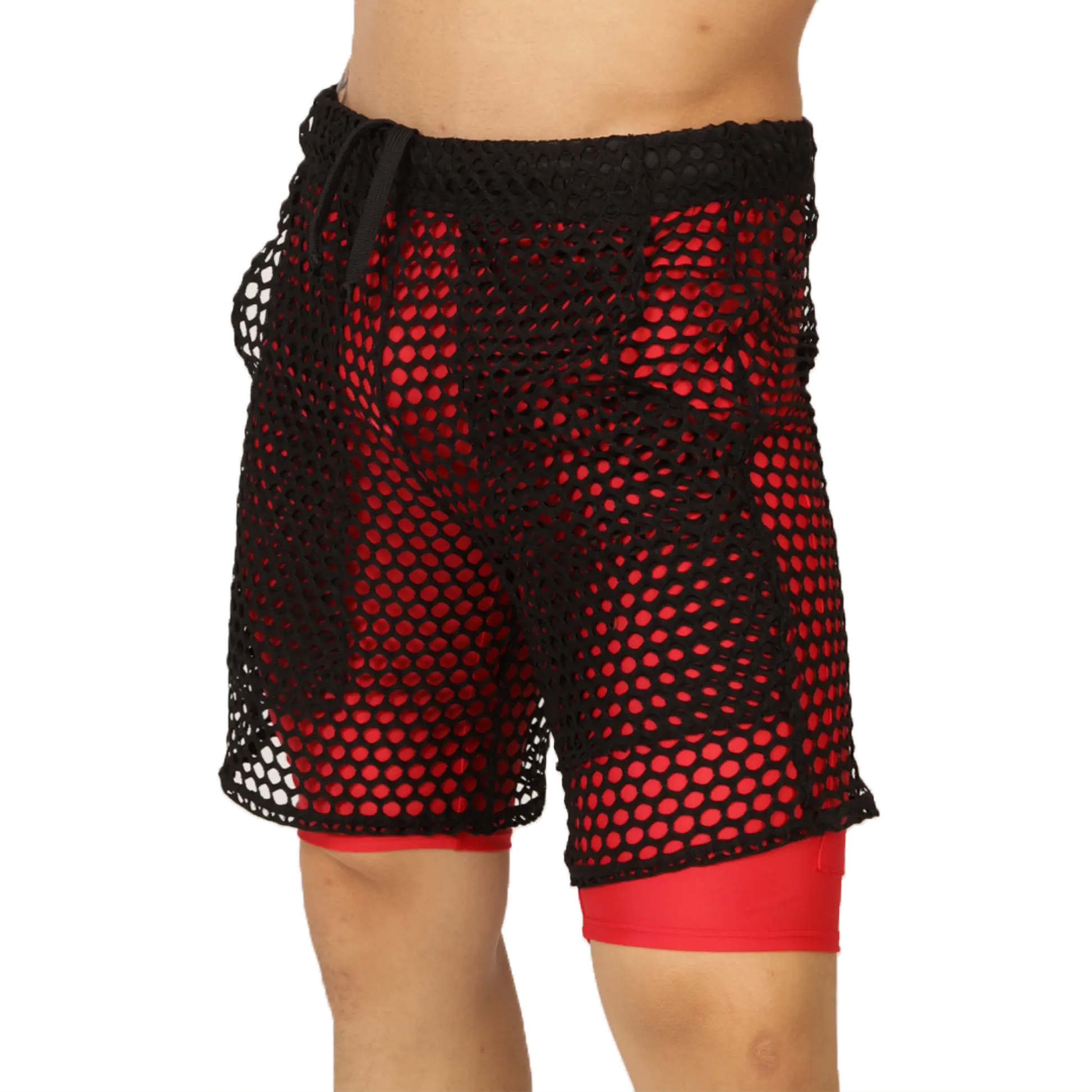 Black mesh shorts with red inner lining and drawstring waistband from Gigo Fresh Red Short collection