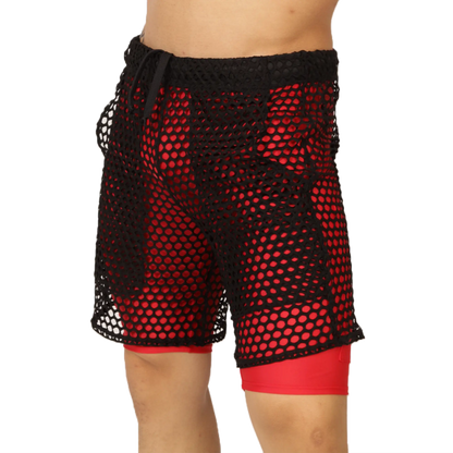 Black mesh shorts with red inner lining and drawstring waistband from Gigo Fresh Red Short collection