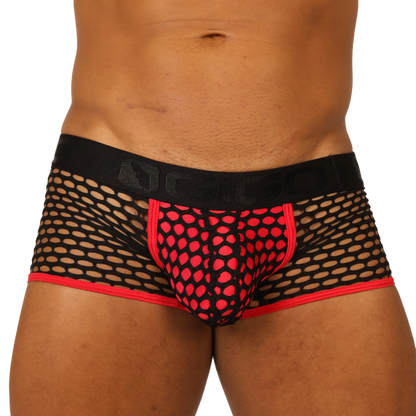 Black and red mesh briefs with bold pattern design from gigo fresh red trunk collection