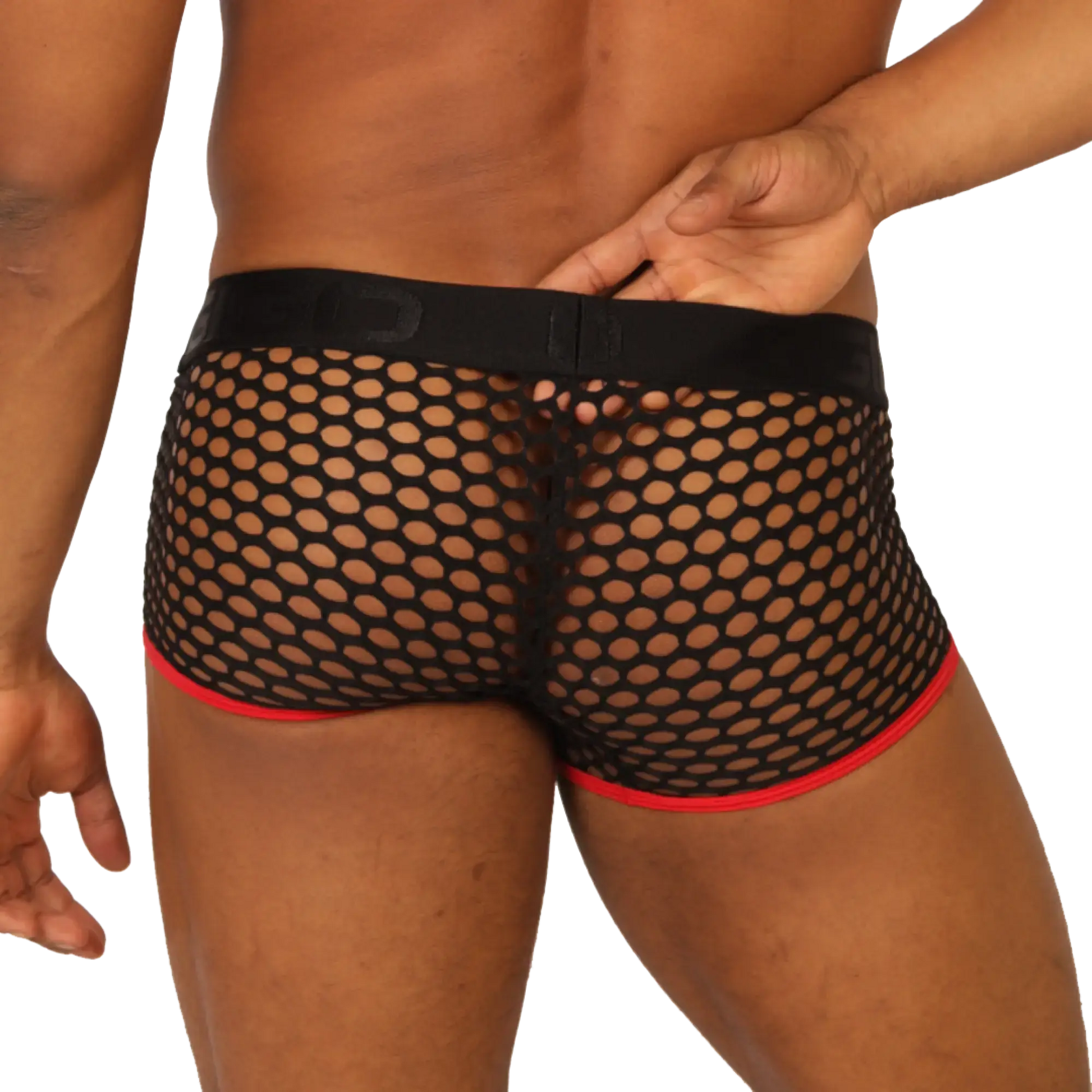Black mesh briefs with red trim and a black elastic waistband from Gigo Fresh Red Trunk collection