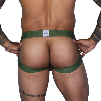 Olive green gigg branded briefs with white label and embossed logo featured in gigo fresh yellow jockstrap product