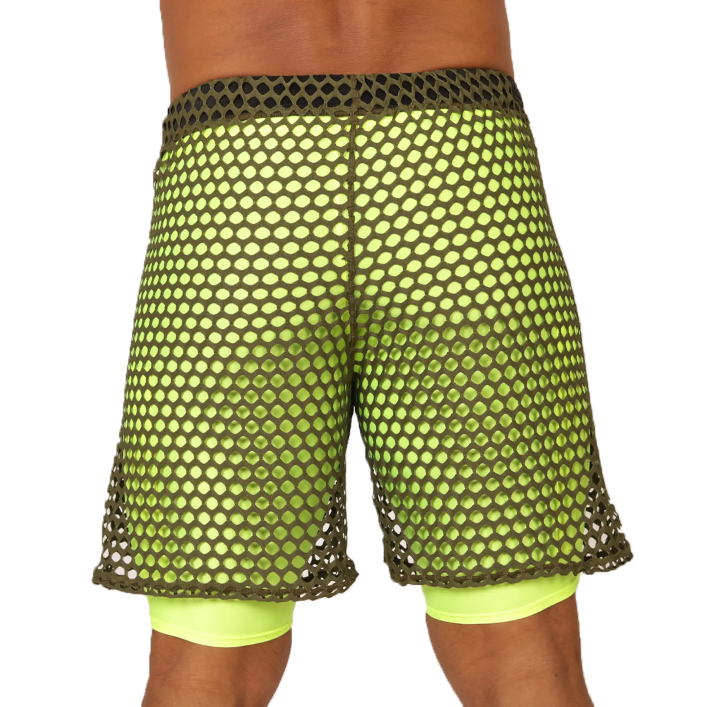 Gigo Fresh Yellow Short neon green mesh shorts with dark olive waistband over bright yellow compression shorts