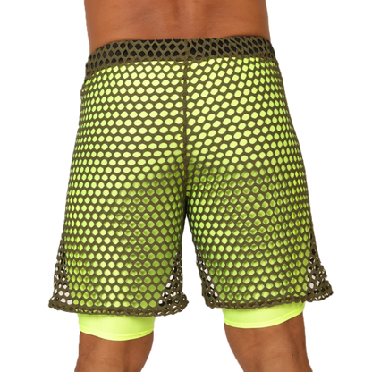 Gigo Fresh Yellow Short neon green mesh shorts with dark olive waistband over bright yellow compression shorts