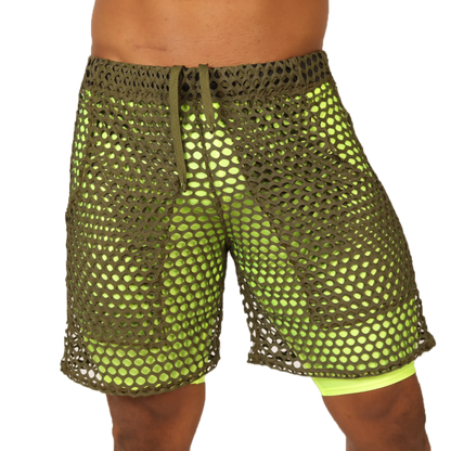 Gigo fresh yellow short olive green mesh shorts with neon yellow inner lining and matching drawstring waistband