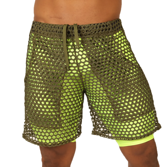 Gigo fresh yellow short olive green mesh shorts with neon yellow inner lining and matching drawstring waistband