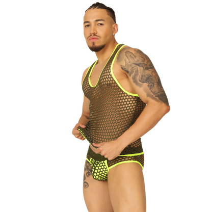 Neon green mesh tank top with black base and matching briefs from gigo fresh yellow tank set
