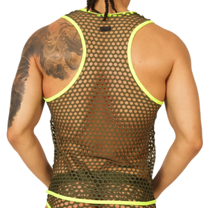 Neon yellow-trimmed olive green mesh tank top gigo fresh yellow tank with breathable fabric and vibrant accents
