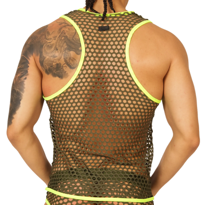 Neon yellow-trimmed olive green mesh tank top gigo fresh yellow tank with breathable fabric and vibrant accents