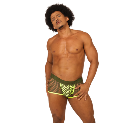 Menâ€™s green and neon yellow mesh briefs with a geometric pattern from the Gigo Fresh Yellow Trunk collection