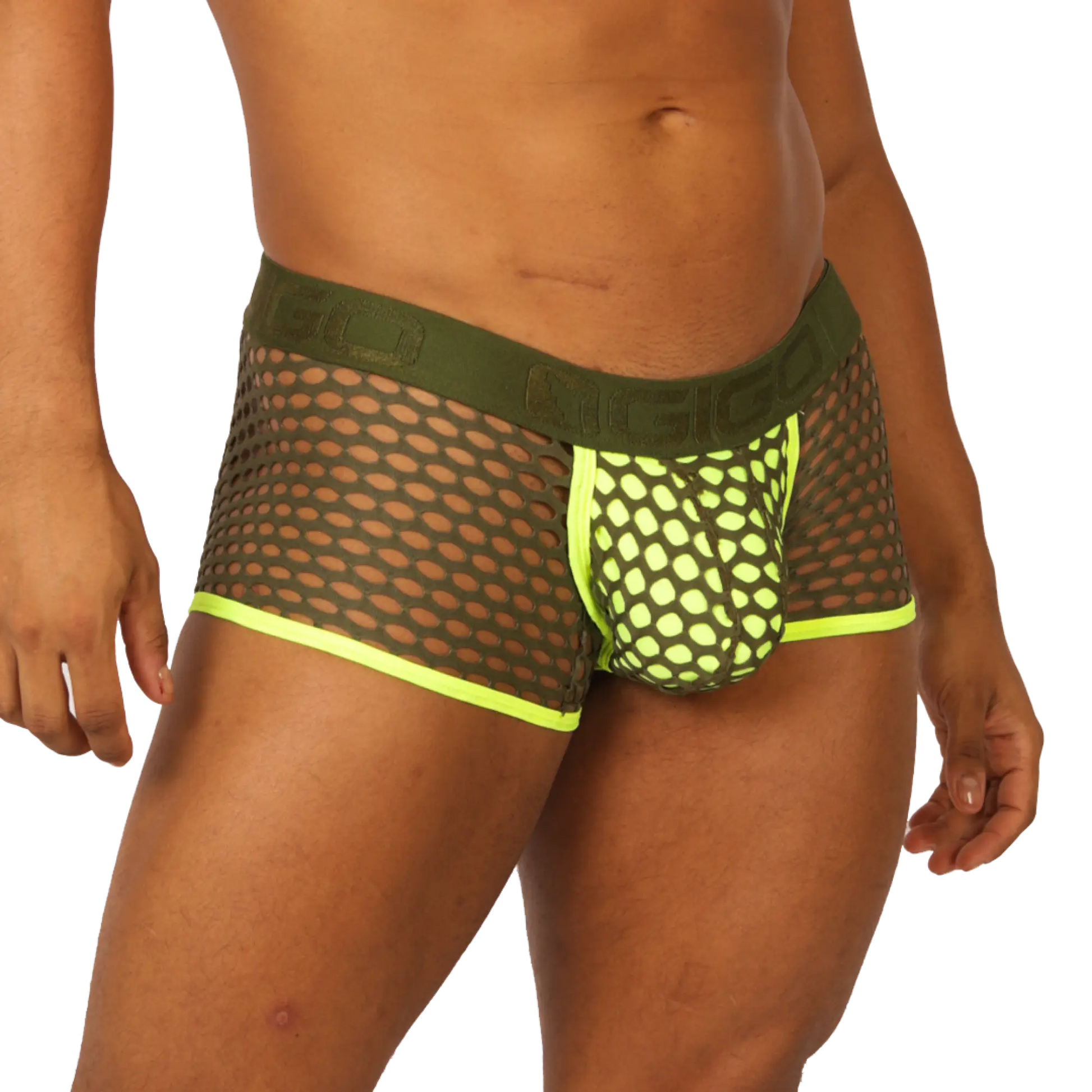 Olive green mesh briefs with neon yellow trim and bold modern design gigo fresh yellow trunk front view