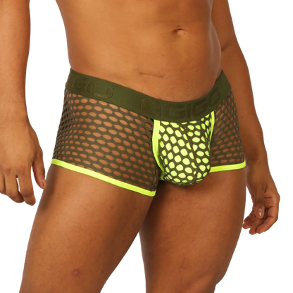 Olive green mesh briefs with neon yellow trim and bold modern design gigo fresh yellow trunk front view
