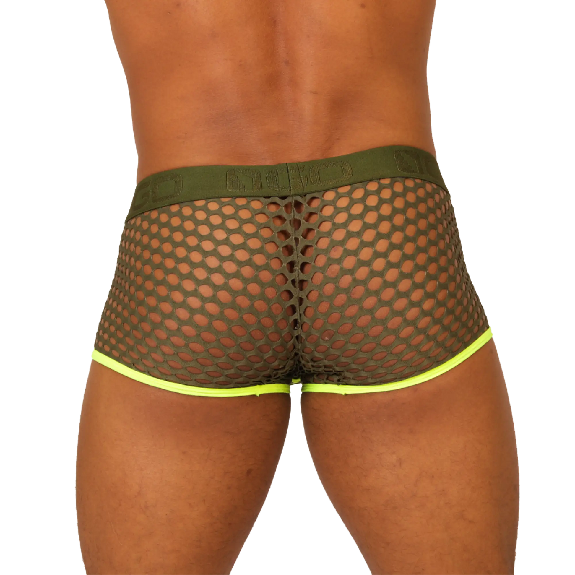 Olive green mesh briefs with neon yellow trim from the gigo fresh yellow trunk collection front view