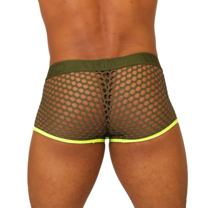 Olive green mesh briefs with neon yellow trim from the gigo fresh yellow trunk collection front view