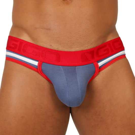 Red and gray gigo garoto blue brief jock athletic briefs with bold red waistband and raised gigi logo