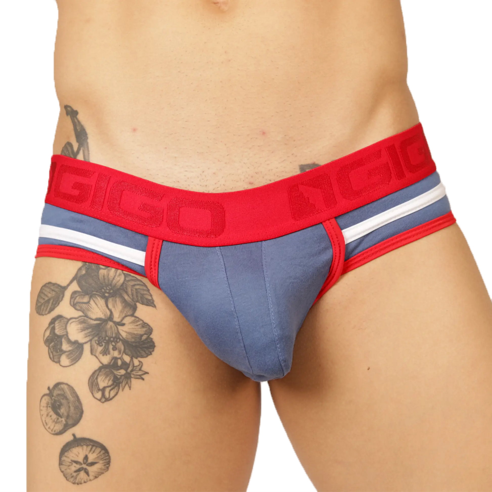 Blue and red gigo garoto athletic briefs with bold red waistband and textured ngio logo in breathable fabric