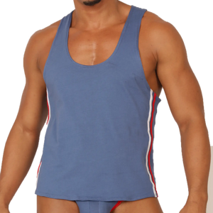 Gigo Garoto blue athletic tank top with red and white striped side panels perfect for sports and workouts
