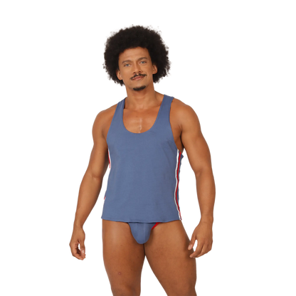 Blue athletic tank top by gigo garoto with red and white side stripes designed for activewear use