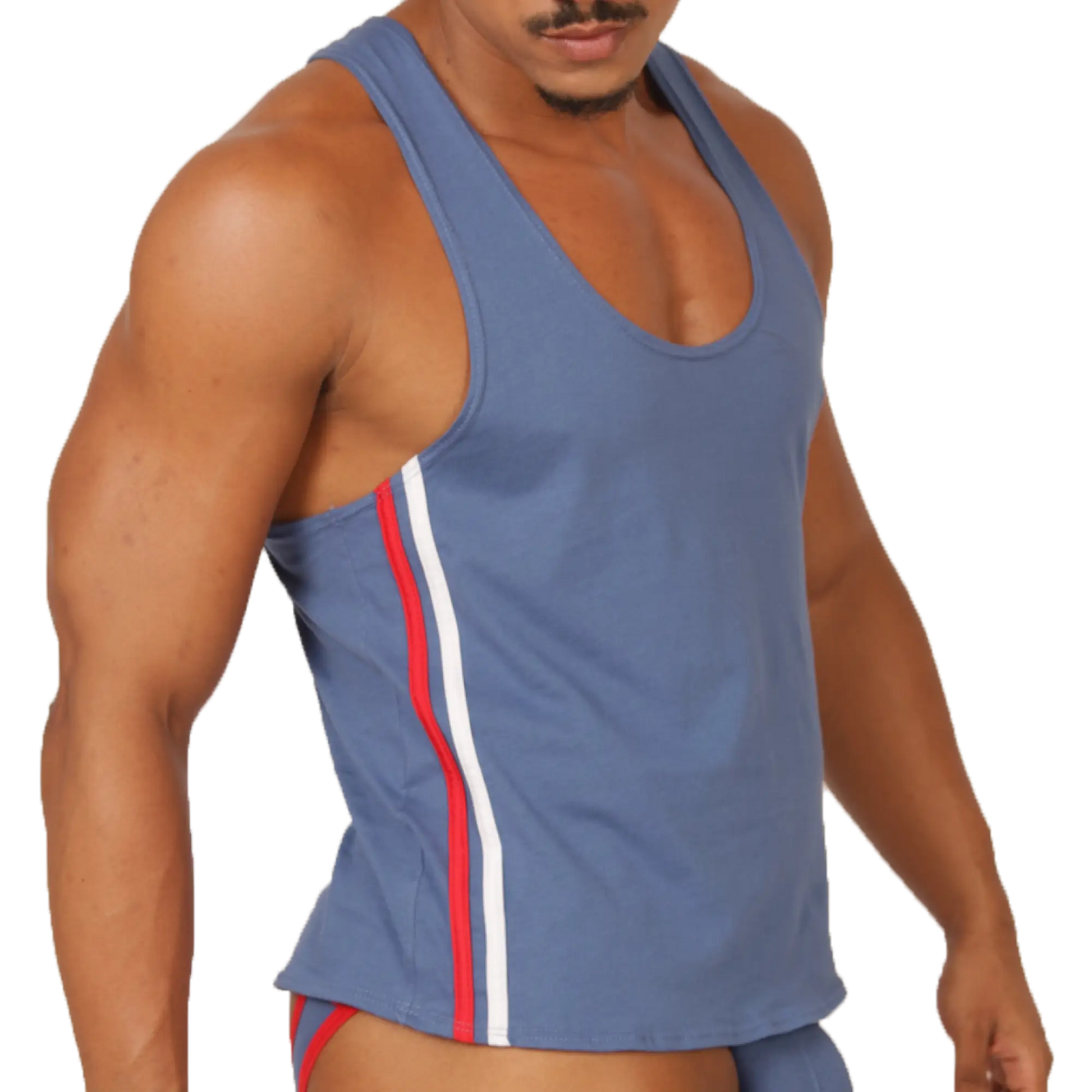 Gigo Garoto blue athletic tank top with red and white vertical stripes along the side for sports and workouts